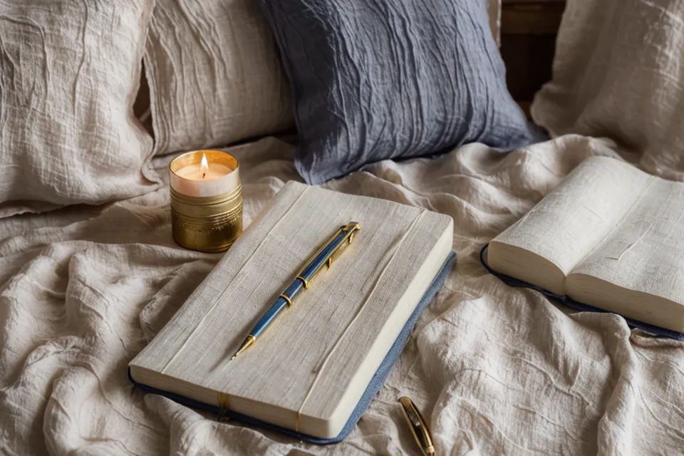 Un carnet et une bougie sur un lit en lin pour un rituel du soir