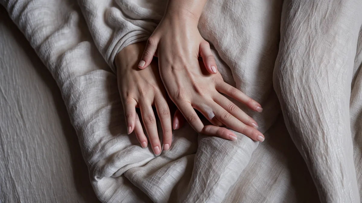 Automassage des mains le soir, geste de détente pour un rituel de sommeil apaisé