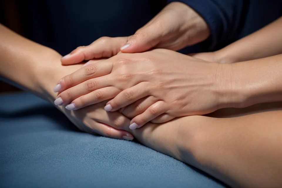 Gros plan sur un automassage de la base du pouce, geste de relaxation des mains avant le coucher
