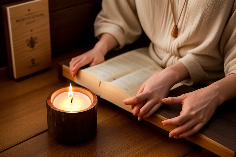 Coffret de méditation guidée et guide de sophrologie sur une table de nuit, mains détendues après l'automassage du soir