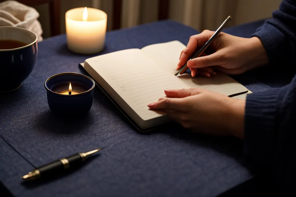 Coffret de méditation guidée sans écran posé sur la table de chevet pour un rituel du soir apaisé