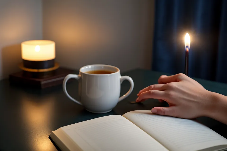 Gros plan sur la molette d'un coffret de méditation guidée sans écran, geste simple pour un rituel du soir
