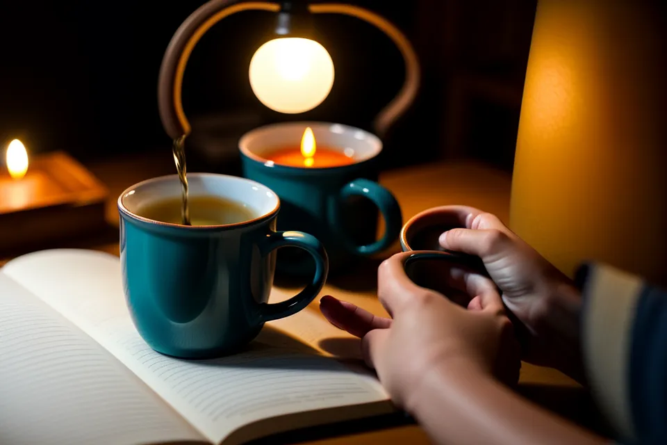 Chambre calme la nuit avec un coffret de méditation guidée diffusant une lueur ambrée, rituel du soir sans écran