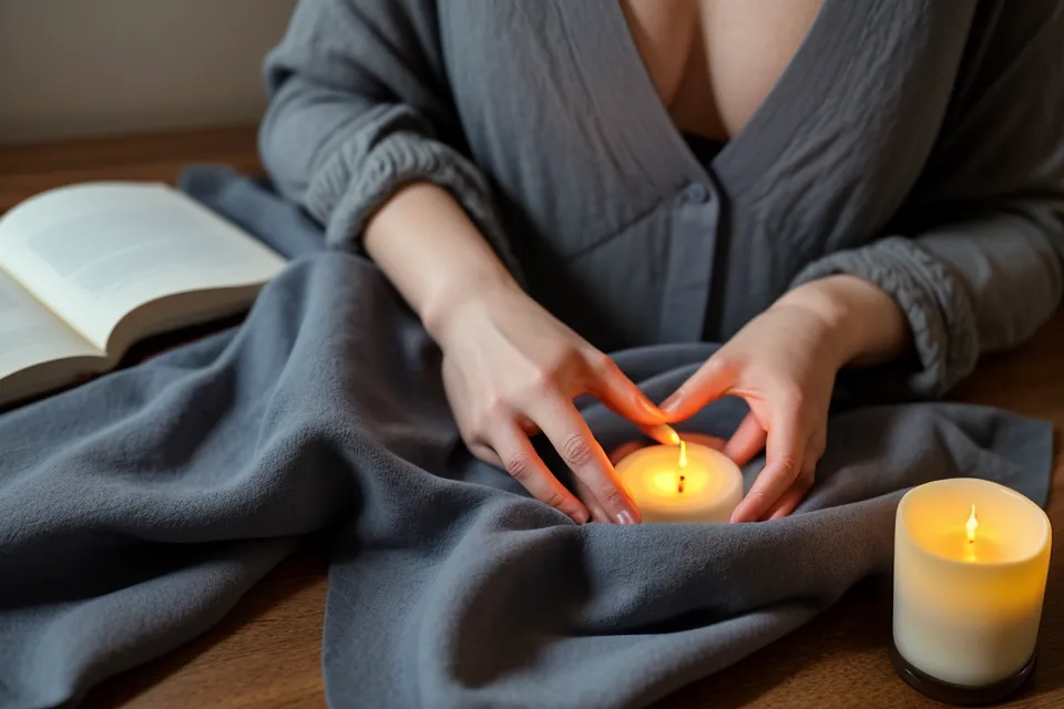 Coffret de méditation guidée posé sur la table de chevet, lampe allumée, rituel du soir pour un sommeil léger