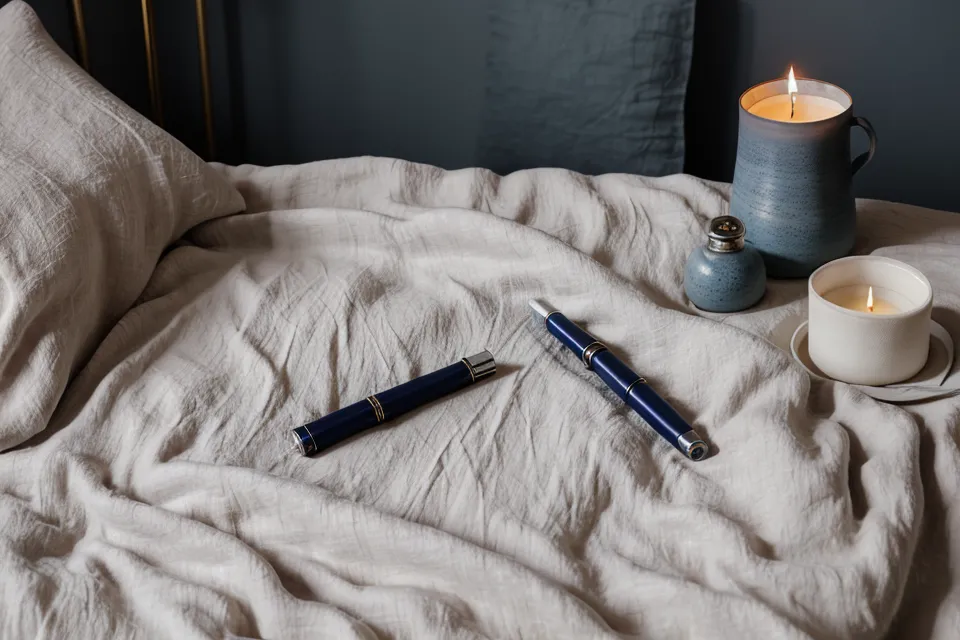 Carnet de suivi du rituel du soir ouvert sur le lit, stylo posé à côté, pour noter les progrès contre la fatigue chronique et le sommeil léger