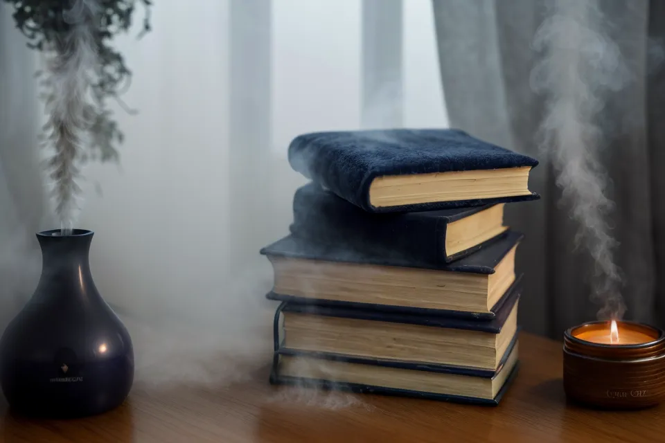 Diffuseur d'huiles essentielles et livres sur la table de nuit, ambiance calme pour un rituel du soir de sophrologie et de méditation