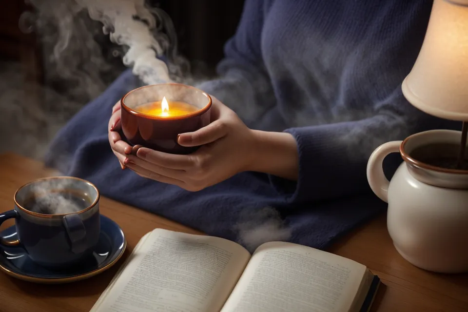 Une main posant un flacon d'huile essentielle sur une table de nuit en bois, premier geste d'un rituel du soir en aromathérapie du sommeil.