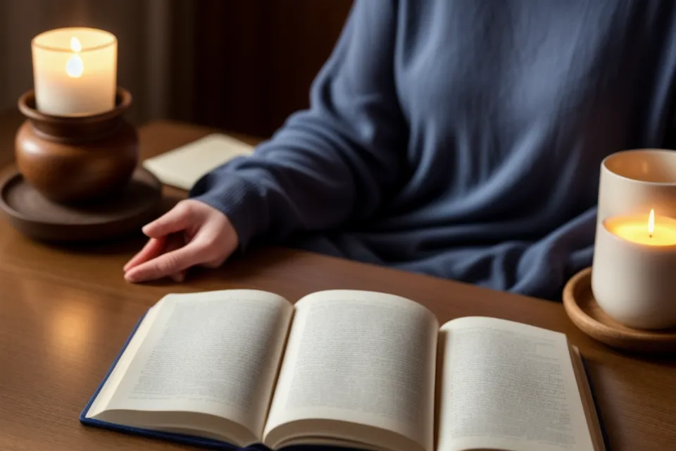 Main posée sur un coffret de méditation guidée pendant mon rituel du soir, sur une table de nuit en bois
