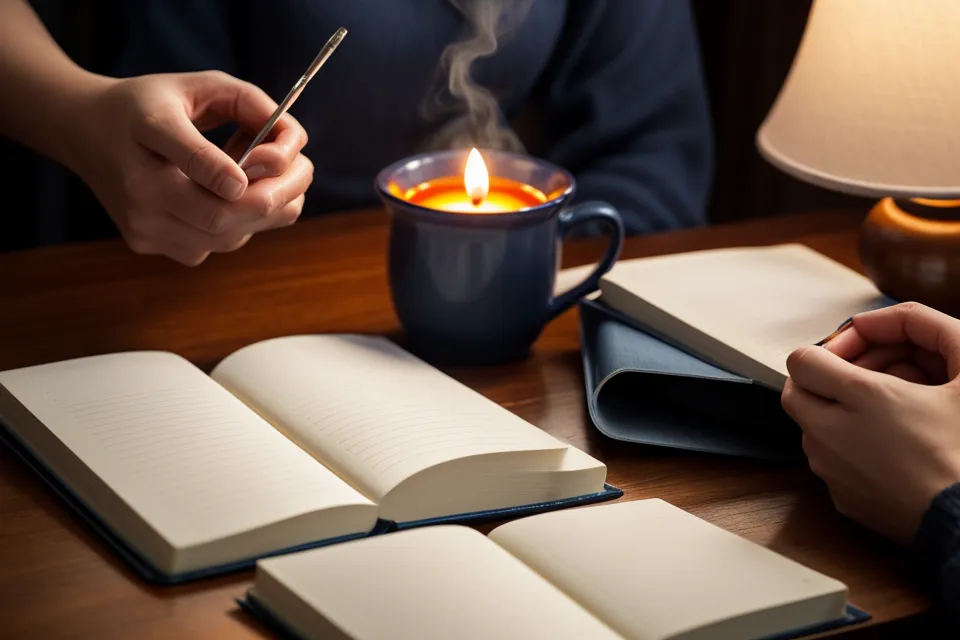 Mains détendues sur un drap en lin dans la pénombre, position de départ d'une séance d'autohypnose
