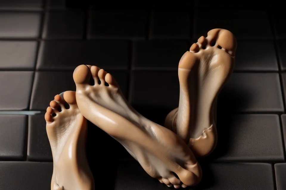 Pieds nus sur un carrelage de cuisine sombre la nuit, image de fatigue chronique et réveil nocturne