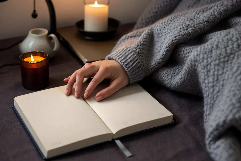 Mains posées calmement sur une couette en lin, geste de sophrologie pour calmer un sommeil léger