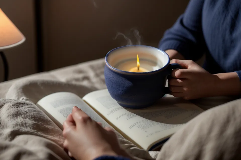 Cartes de méditation guidée et tasse de tisane fumante, rituel du soir pour sommeil léger