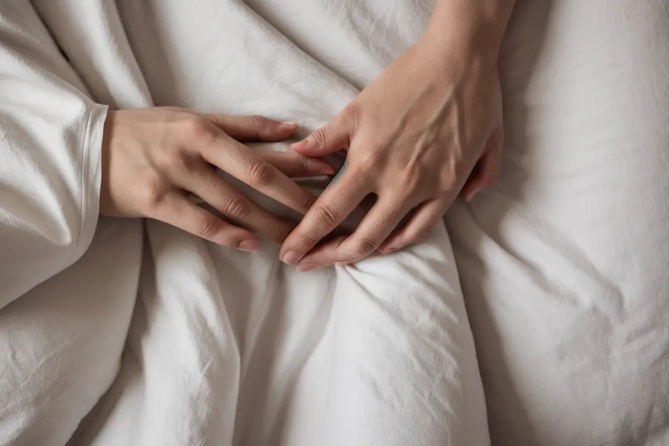 Gros plan de mains posées sur le ventre pendant un exercice de respiration nocturne inspiré de la sophrologie