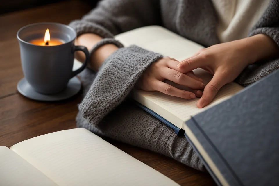 Tasse chaude et carnet sur une table en bois le soir, après des exercices de sophrologie pour un sommeil léger plus calme