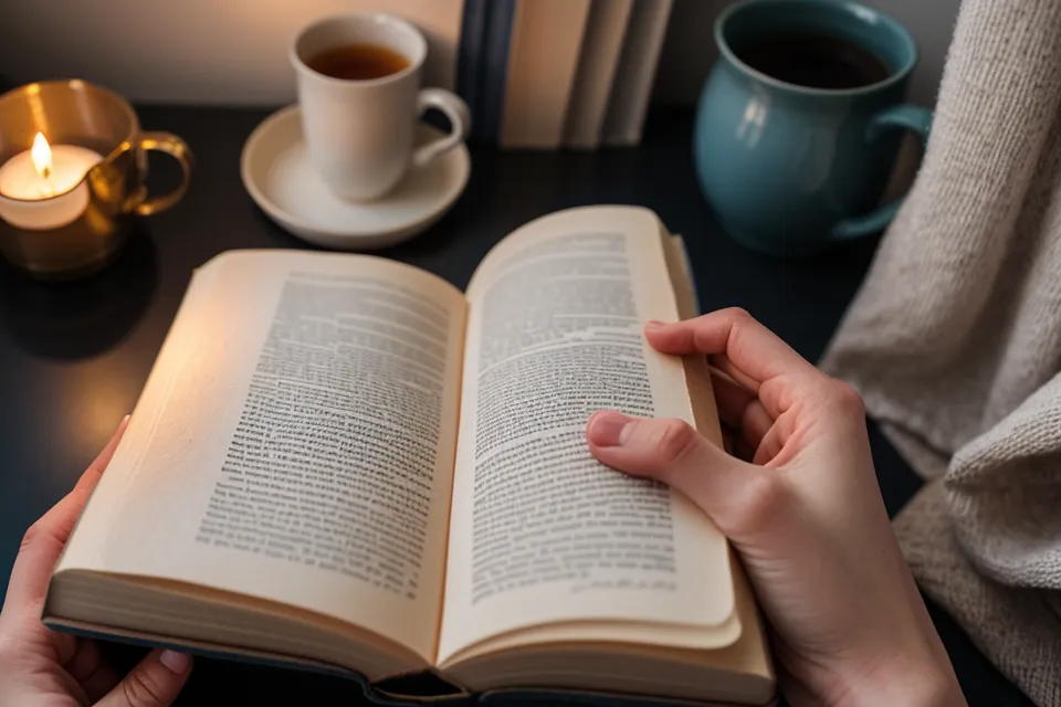 Mains feuilletant un guide de sophrologie sous la lumière chaude d'une lampe de chevet, rituel du soir contre la charge mentale.