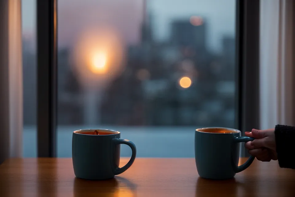 Vue des toits de Rennes à l'heure bleue depuis une chambre sous les combles, décor d'un rituel de sophrologie du soir.