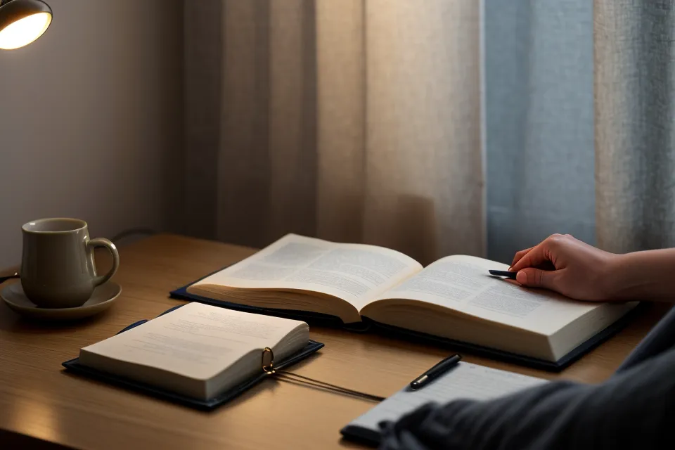 Carnet et stylo posés sur une table de chevet, utilisés pour suivre un rituel du soir