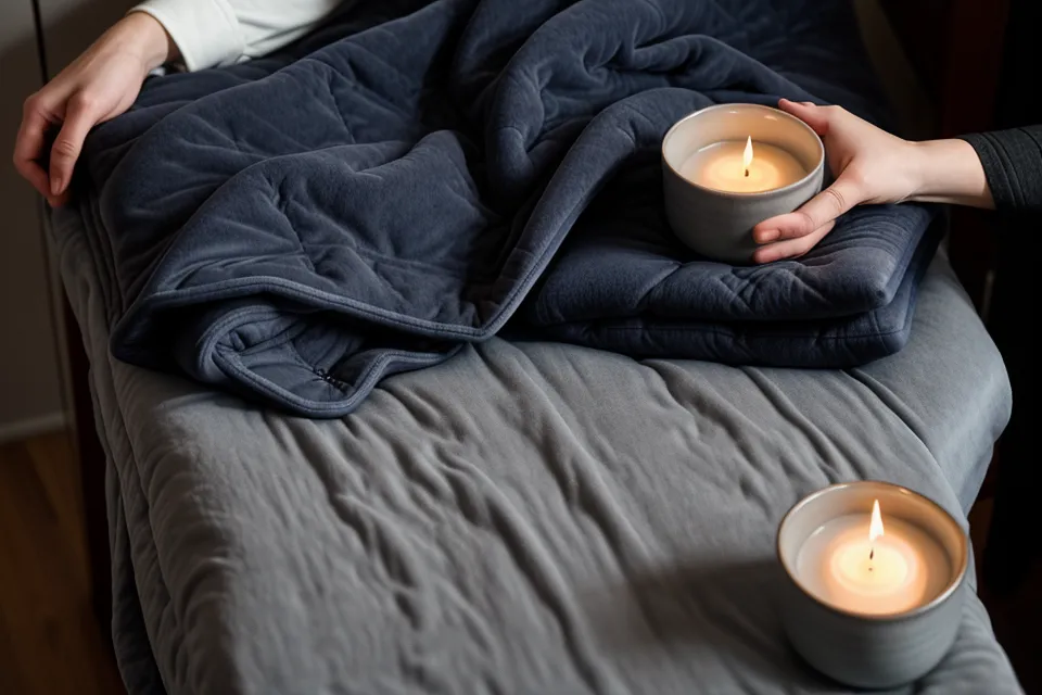 Couverture lestée pliée sur un lit, repère pour un rituel du soir et un sommeil léger plus stable à Rennes