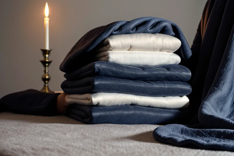 Gros plan sur des mains posées sur le tissu matelassé d'une couverture lestée en coton, texture épaisse liée au sommeil léger