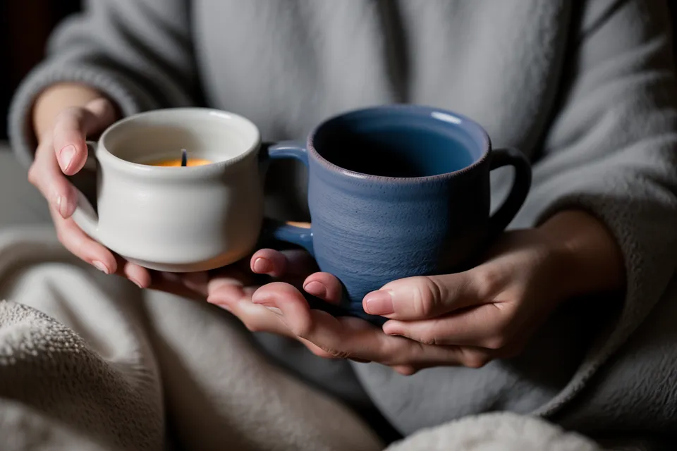 Table de nuit avec un carnet et une tasse près d'une couverture lestée pliée, ambiance calme d'un rituel du soir