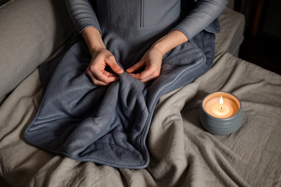 Chambre tamisée avec une couverture lestée posée sur le lit, décor pensé pour un sommeil léger plus stable