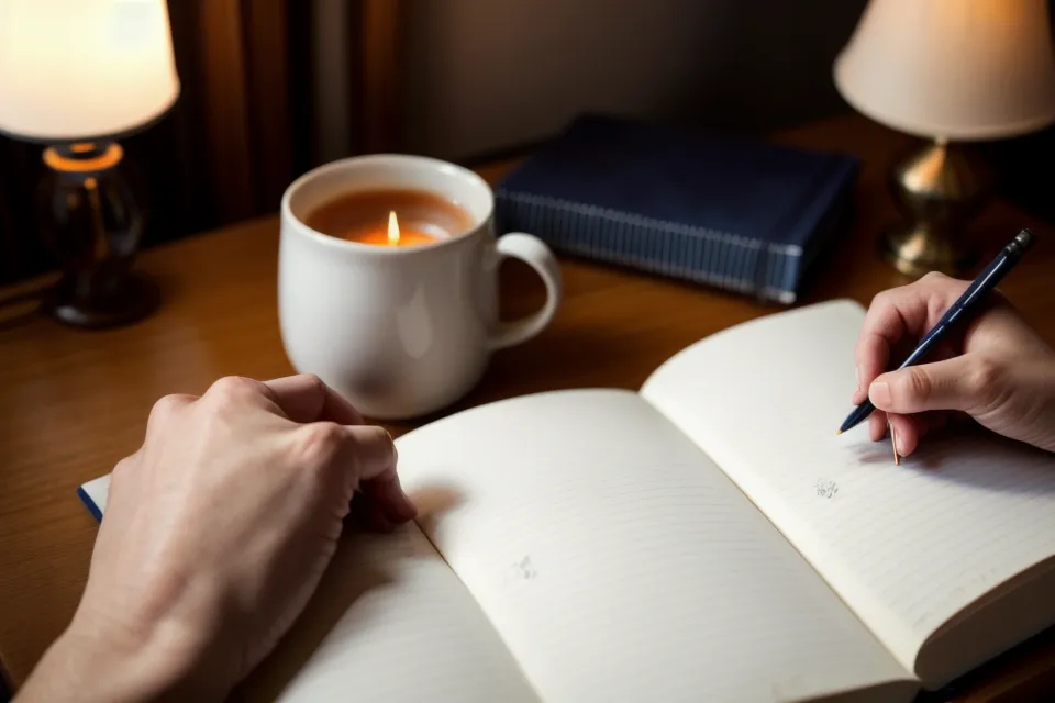 Carnet d'écriture thérapeutique et guide de sophrologie posés sur une table de nuit, rituel du soir pour un sommeil plus calme