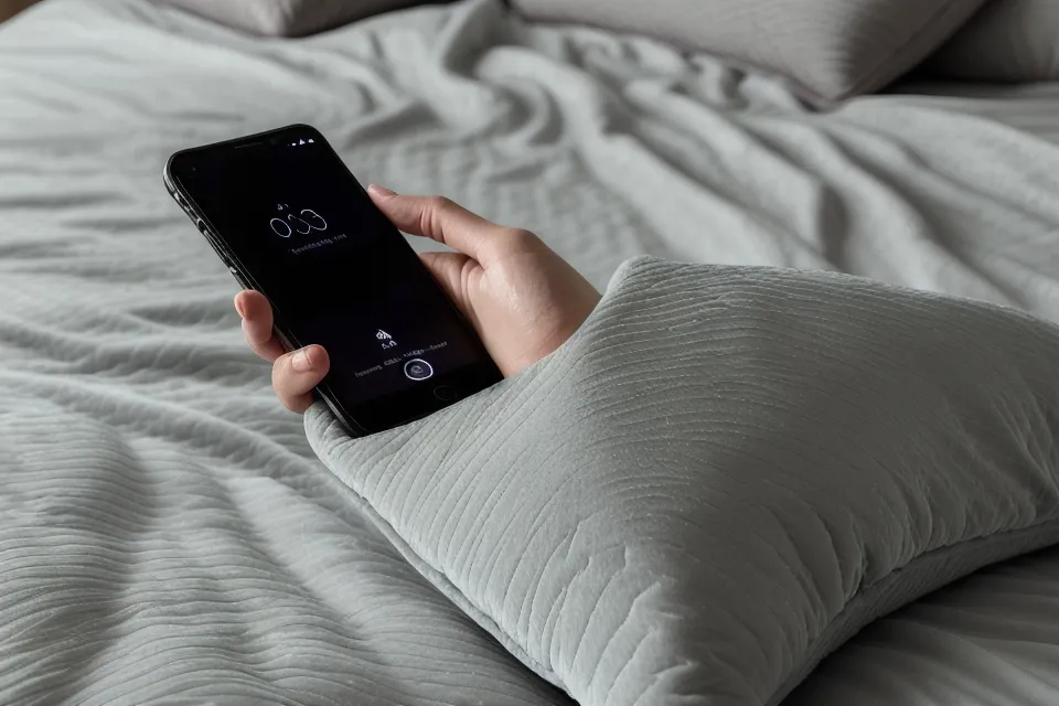 Main posée sur la couette près d'un support de méditation guidée, rituel du soir pour calmer le sommeil léger