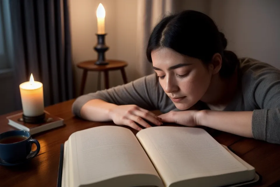 Gros plan sur des mains tenant un livre de poche sous une lumière douce, rituel de lecture du soir pour un sommeil léger