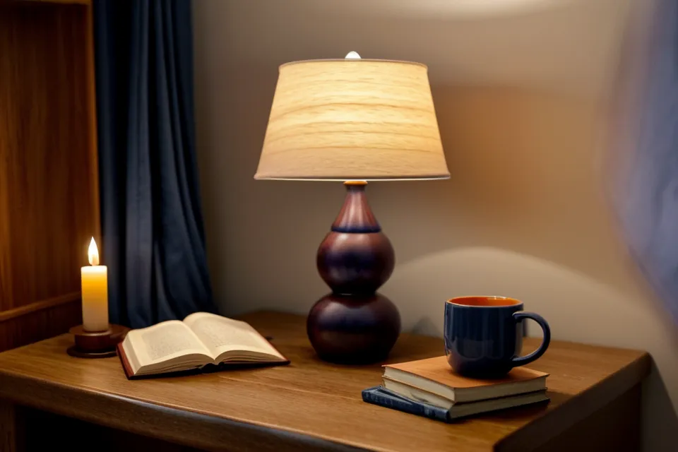 Table de nuit avec un coffret de méditation guidée et une pile de livres dans la pénombre, rituel de détente avant de dormir