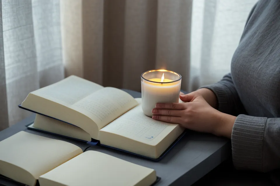 Carnet ouvert sous la lumière chaude d'une lampe de chevet, rituel du soir et récupération nerveuse