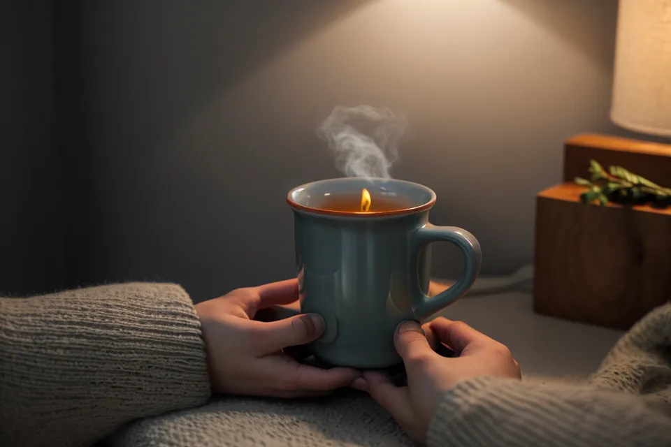 Rituel du soir avec tisane et carnet sur une table de chevet, routine pour mieux dormir