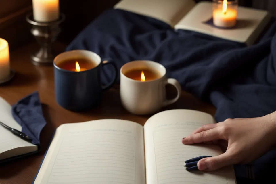 Guide de sophrologie et tisane fumante sur une table de nuit, pour un rituel du soir contre les tensions cervicales