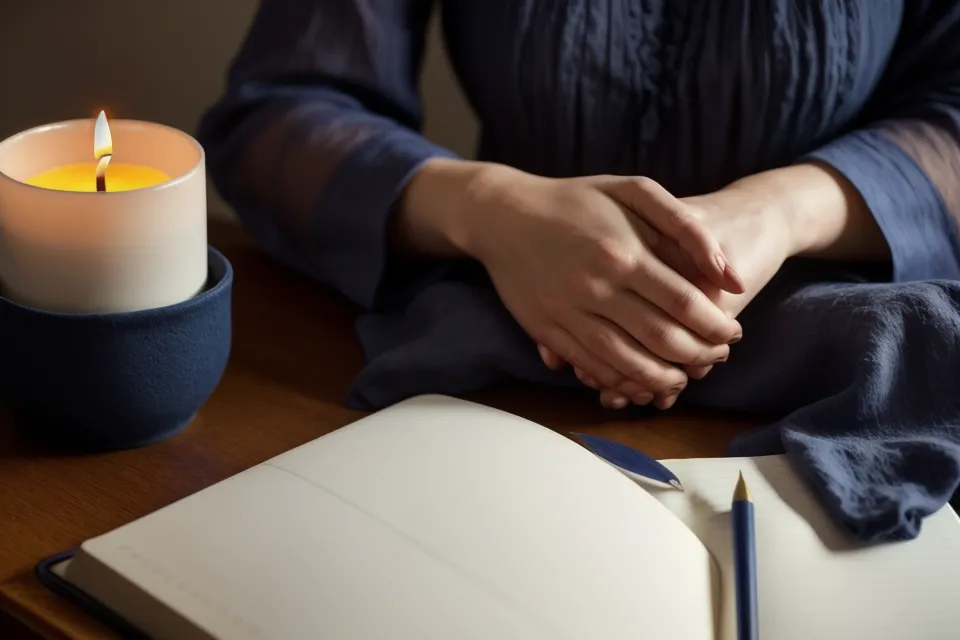 Ambiance de chambre apaisante avec lumière tamisée et ciel de nuit bleu profond, propice à un sommeil léger