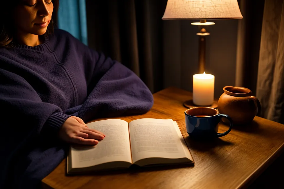 Pull en laine épais et couverture pliée sur une chaise avant un rituel du soir pour la récupération du sommeil