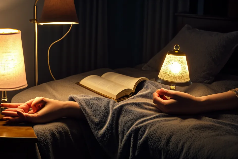 Un vieux livre de poche aux pages jaunies posé sur un lit douillet sous une lampe chaude, pilier de mon rituel du soir pour m'endormir