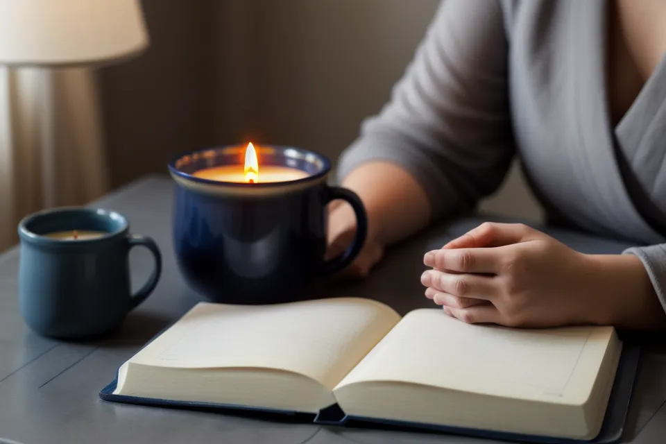 Application de méditation guidée sur un smartphone, posée sur le lit avant un rituel du soir