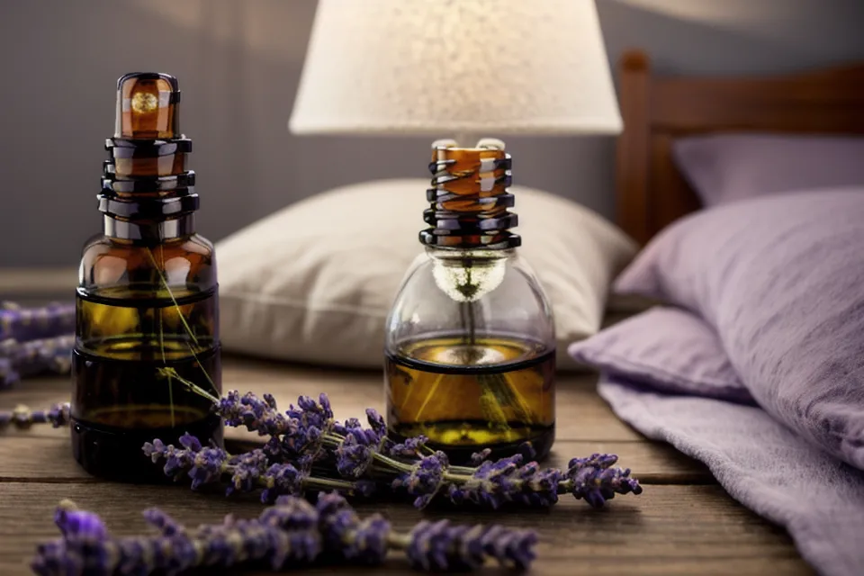 Flacon d'huile essentielle de lavande sur une table de nuit, un rituel du soir parmi d'autres essais de sommeil naturel