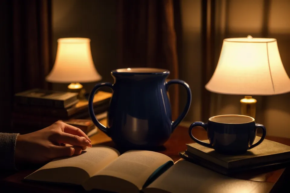Tasse de tisane tenue à deux mains dans une lumière tamisée, un rituel du soir pour un sommeil naturel