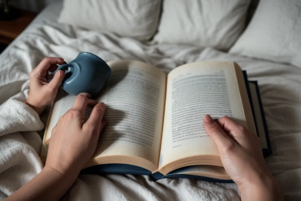 Un guide de sophrologie ouvert sur les draps, entre deux exercices d'un rituel du soir contre l'anxiété nocturne